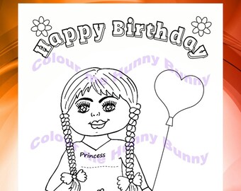 Printable coloring birthday card,PDF files,two pages, cute princess with a plat