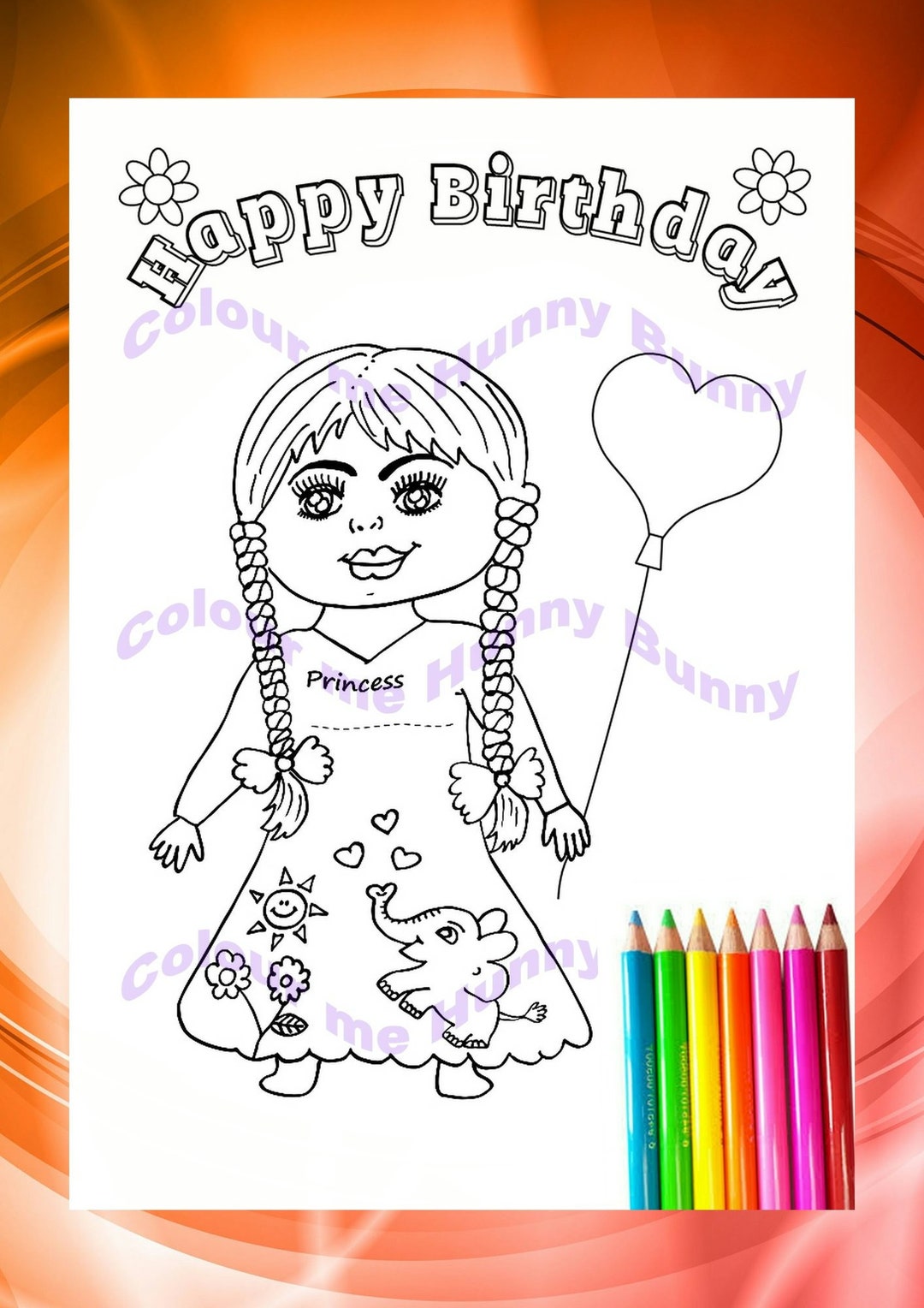 Printable Coloring Birthday Card,pdf Files,two Pages, Cute Princess ...
