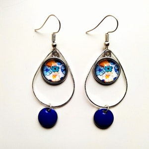 Earrings sequin drops enamelled blue cabochon floral light colorful fresh delicate spring summer fancy woman refined design