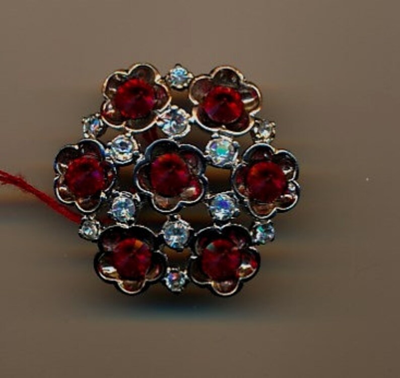 May include: A silver-toned brooch featuring a cluster of red and clear rhinestones in a flower design.