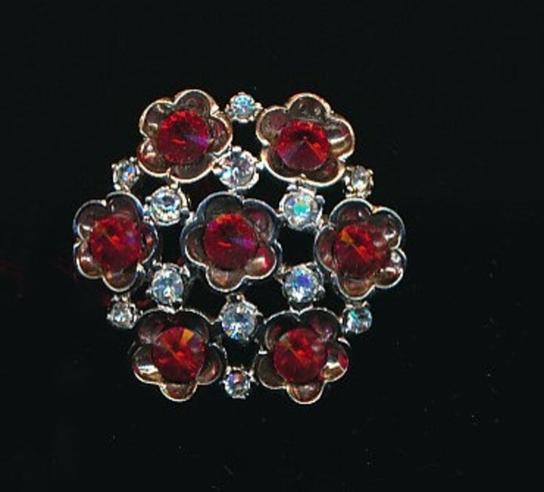 May include: A silver-toned brooch with a cluster of red and clear rhinestones in a flower shape.