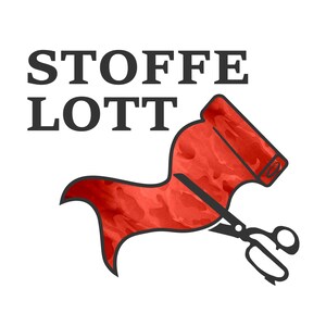 May include: Stoffe Lott logo with a red fabric ribbon being cut with scissors. The ribbon is a watercolour style with a marbled pattern.