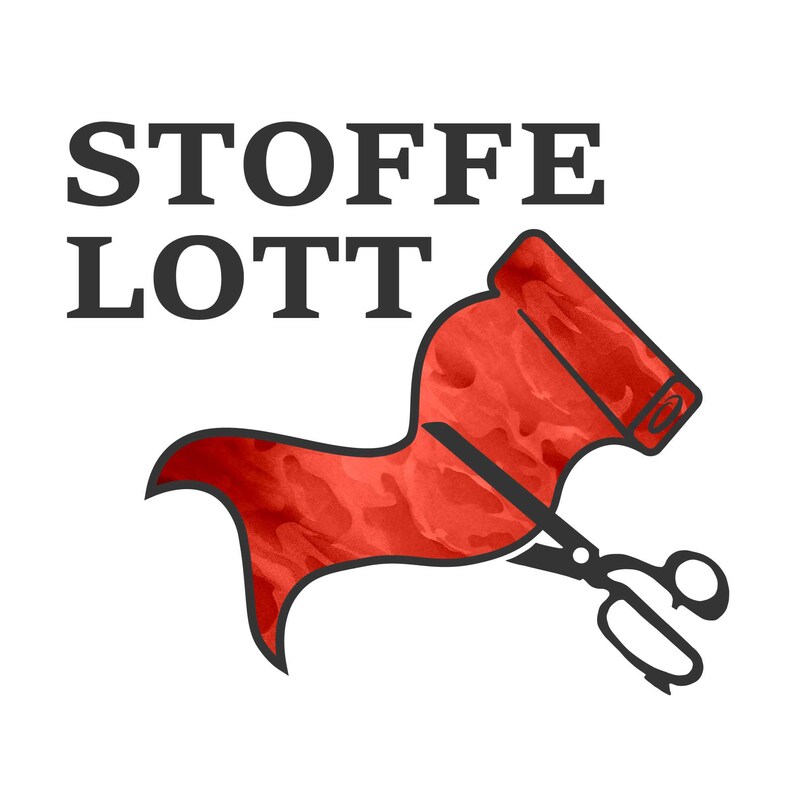 May include: Stoffe Lott logo with a red fabric ribbon being cut with scissors. The ribbon is a watercolour style with a marbled pattern.