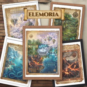 May include: A collection of framed fantasy maps depicting the world of Elemoria. The maps, in wooden frames, showcase detailed illustrations of kingdoms, with a scroll banner reading "Elemoria". The maps feature landscapes with mountains, water, and fantastical elements.