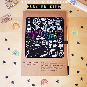 Pack CARTES A GRATTER arc-en-ciel, Vents marins, 1 stylet en bambou, 1 carte illustrée, 18 cartes à gratter, activité enfant, quebec, canada