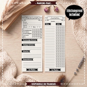 May include: Two bookmark templates with text in French. One bookmark is for book reviews, the other for tracking reading. The bookmarks are white with black text and decorative banners. The words "MARQUE-PAGE" and "DISPONIBLE EN FRANCAIS" are also visible.