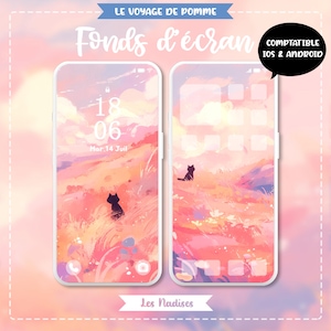 May include: Two smartphones displaying a pastel landscape wallpaper with a black cat silhouette. The screens show a pink and orange sunset scene with the text "Fonds d'écran" and "Le Voyage de Pomme". The design is compatible with iOS and Android devices.