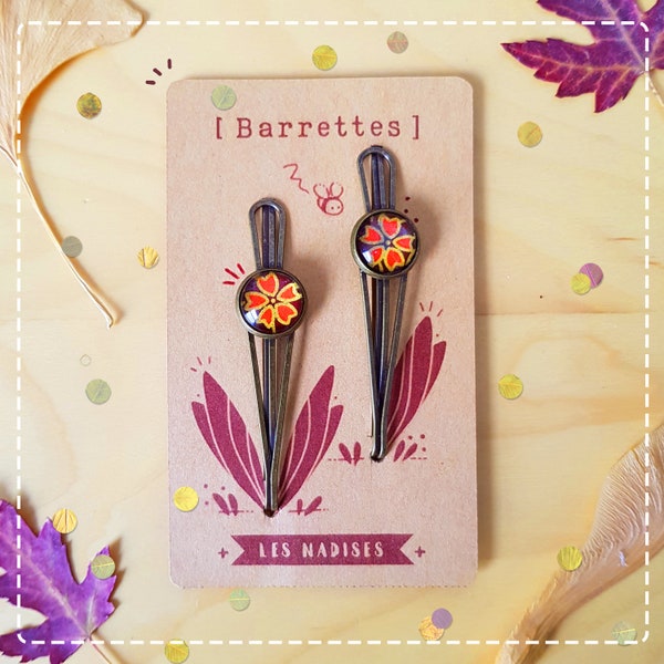 Barrettes origami, pinces, accessoires cheveux, cabochons, papier japonais,  washi, yuzen, fleurs, femme, fait main, cadeau, Quebec,Canada