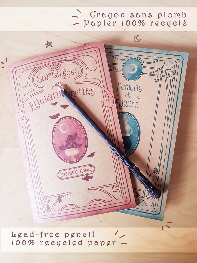 May include: Two vintage-style notebooks with decorative borders. The left notebook is red and says "Sortileges et Enchantements" with a witch's hat and bats. The right notebook is blue and says "Potions et Flixirs" with a potion bottle and a crescent moon. A black pencil is lying on top of the notebooks. The notebooks are made with 100% recycled paper and are lead-free.