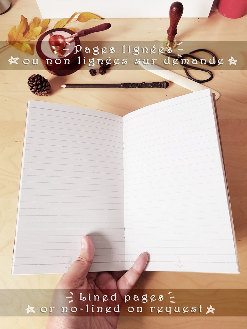 May include: A brown notebook with lined pages. The text on the cover reads "Pages lign&eacute;es - ou non lign&eacute;es sur demande" and "Lined pages - or no-lined on request".