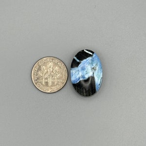 Könnte beinhalten: Ein blauer und schwarzer ovaler Cabochon-Edelstein mit einem wirbelnden Muster. Der Edelstein ist etwa so groß wie eine deutsche Zehn-Cent-Münze.