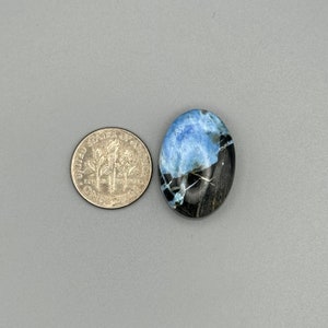 Könnte beinhalten: Ein blauer und schwarzer ovaler Cabochon-Edelstein mit einem wirbelnden Muster. Der Edelstein ist etwa so groß wie eine deutsche Zehn-Cent-Münze.