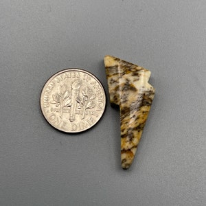 May include: A small, light brown, tan, and black lightning bolt shaped stone pendant. The stone is about the size of a US dime.