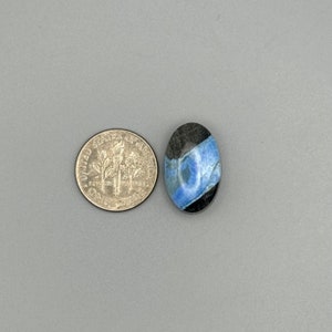 Könnte beinhalten: Ein blauer und schwarzer ovaler Cabochon-Edelstein mit einem wirbelnden Muster. Der Edelstein ist etwa so groß wie eine deutsche Zehn-Cent-Münze.