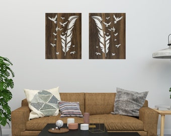 Wood Wall Art, Feather and Birds,  3D Wooden Wall Art for your Living Room as a Rustic Home Decor. An Original Artwork for You.