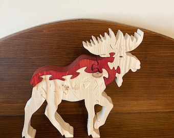 Handmade Wooden Moose Puzzle: Natural Wood Toy & Home Decor