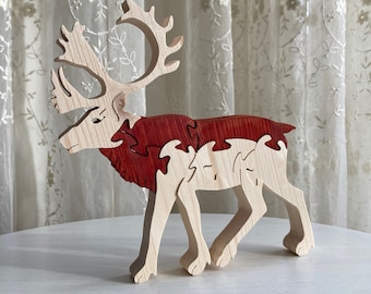 Handmade Wooden Reindeer Puzzle: Natural Home Decor Toy