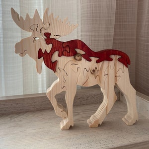 Handmade Wooden Moose Puzzle: Natural Wood Toy & Home Decor