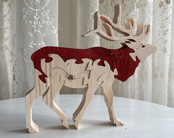 Handmade Wooden Elk Puzzle: Natural Home Decor Toy