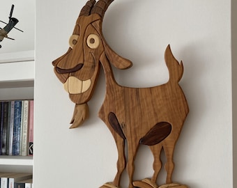 Handmade Intarsia Wood Art Goat: 3D Wall Decor