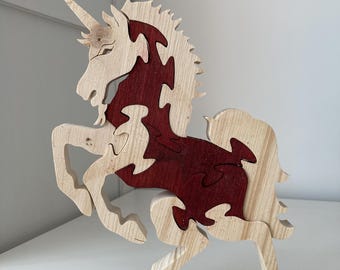 Handmade Wooden Unicorn Puzzle: Natural Wood Toy, Home Decor