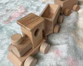 Wooden Train Set with Trailers, Montessori Toddler Toys, Natural Wood Toys, Gift for Kids.