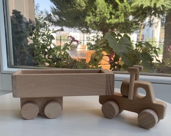Wooden Toy Long Truck, Montessori Toddler Toys, Natural Beech Wood Toys