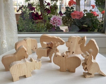 Handmade Wooden Wild Animal Toys, Set of 9