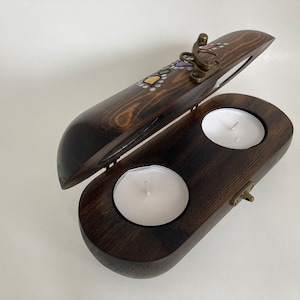 Wooden Tealight Holder &quot;Capsule&quot;, Wood Candle Holder, Hand-painted Candle  Holder as a Rustic Home Decor.