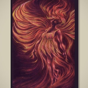 May include: A pencil drawing of a figure with flowing red and yellow hair and a dress. The artwork depicts a woman with her head tilted back, surrounded by swirling, fiery colors. The overall theme is fantasy and mythical.