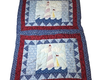 Vintage Nautical Lighthouse Quilted Pillow Shams Set of 2 Blue Red Coastal 28x21