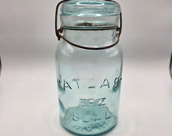 Vintage Atlas EZ Seal Aqua Glass Mason Jar Wire Bail Lid Aqua Canning Jar USA