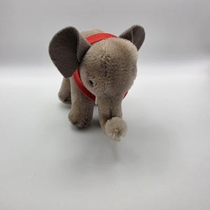 Può includere: Un elefante di peluche nei toni del grigio e del marrone, con grandi orecchie grigio scuro e un'imbracatura rossa. L'elefante ha una piccola proboscide e zanne, ed è su una superficie bianca.