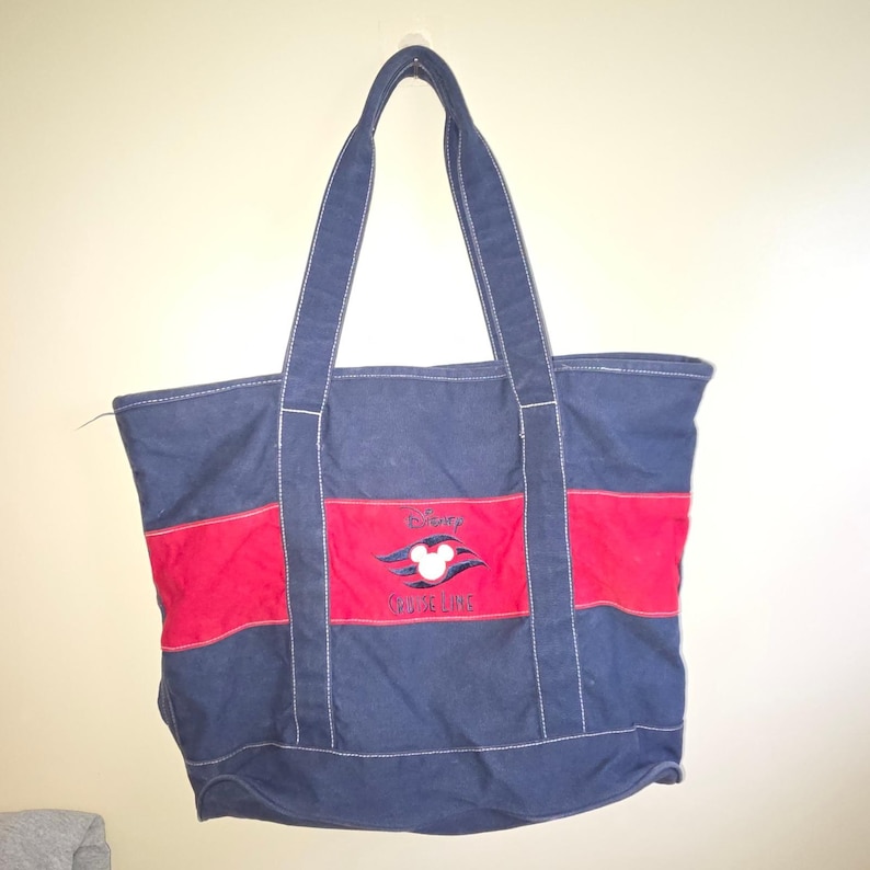 Vtg Disney Cruise Line Navy Blue Red Canvas Tote Bag Mickey Mouse Logo Zippered image 1