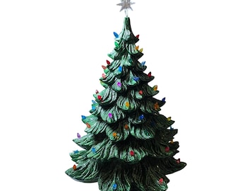 Vintage keramische muzikale kerstboom verlicht groen 24 inch hulstvoet ster bovenblad
