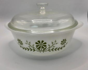 Vintage Glasbake groene madeliefje melkglazen braadpan met deksel J2600 1,5 qt