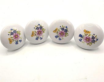 Vintage Floral Ceramic Drawer Pulls 4 White Porcelain Flower Cabinet Knobs