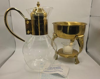 Princess House Heritage Crystal Carafe with Gold Warming Stand Vintage 1985
