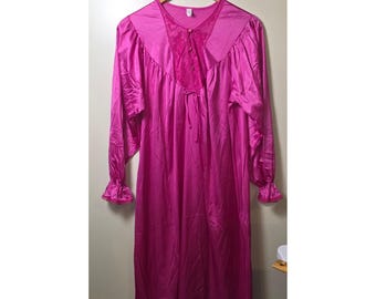 Camisón vintage Nancy King rosa de nailon con encaje, manga larga, fabricado en EE. UU., talla grande.