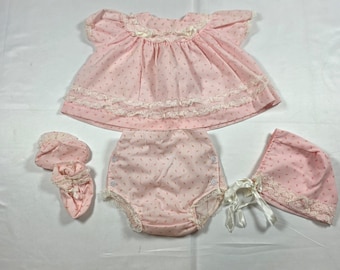 Vintage Alexis Baby Girls Pink Floral Lace 4pc Set Dress Bonnet Booties 0-13 lbs