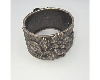 Vintage Repousse 3D Floral Hinged Cuff Bracelet Antiqued Silver Tone Wide Bangle