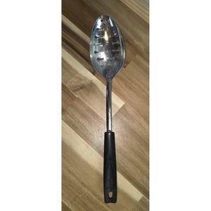 Vintage EKCO Flint Vanadium Rostfritt Stål Hålsked Komposit Svart Handtag
