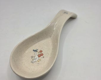 Vintage marmelade met gans gespikkeld aardewerk lepelsteun crèmeblauw 8 inch