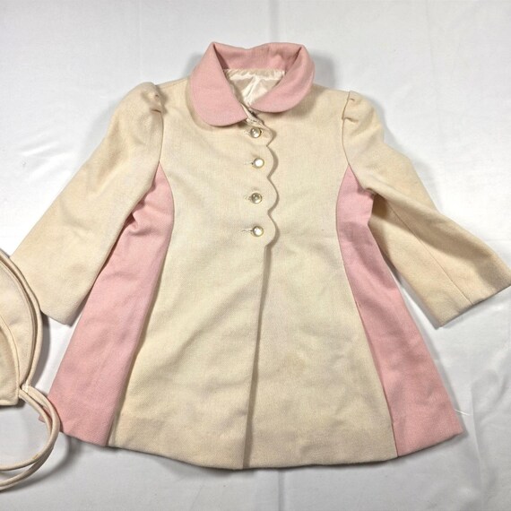 Vtg FW Fischer Designs Girls 3T Wool Blend Coat & Bonnet Pink Cream Scalloped