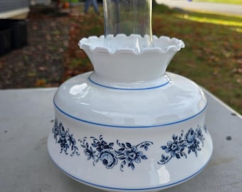Vintage White Milk Glass Hurricane Lamp Shade 7 In Fitter Blue Floral Chimney