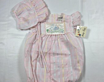 Baby Togs Vtg 6-9M Pink Plaid Bubble Romper Bonnet Set Embroidered Windmill NWT