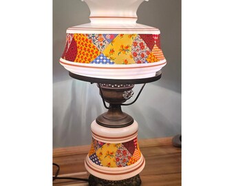 Rare Patchwork Quilt Hurricane Lamp Lighted Base Cottagecore Floral Ruffled Vtg