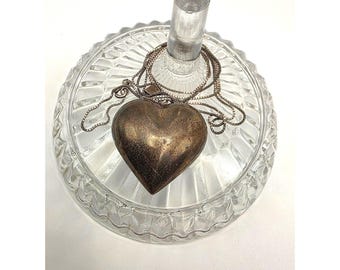 Vintage Puffy Heart Pendant Necklace Sterling Large 3D Heart 15" Chain 1.25in