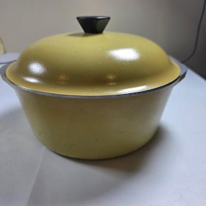 Può includere: Una pentola rotonda smaltata di giallo con coperchio bombato abbinato e pomello nero di forma conica. La pentola presenta un bordo in metallo argentato sulla parte superiore dove poggia il coperchio e l'esterno ha una finitura liscia e lucida.