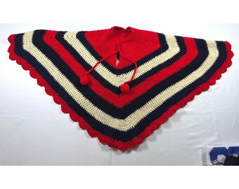 Vintage Handmade Crochet Poncho Red White Blue Striped Pom Pom Scalloped Trim